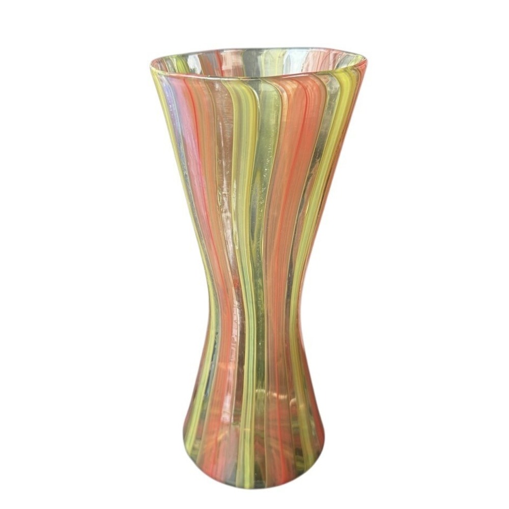 1995 Beautiful Hand Blown Glass Vase‎ Signed Artisan MCM Orange Green Striped